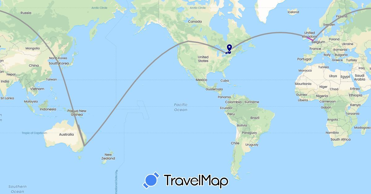 TravelMap itinerary: driving, plane, train in Australia, Canada, United Kingdom, Ireland, South Korea (Asia, Europe, North America, Oceania)